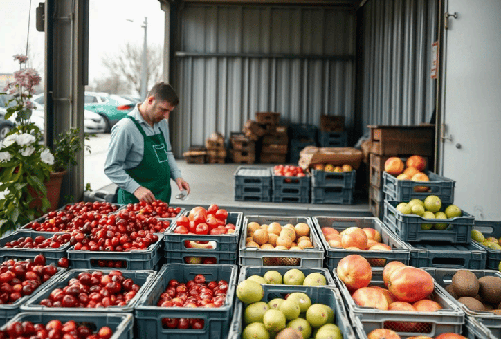 Hombre organizando frutas en cajas plásticas para la estiba de carga en almacén agrícola