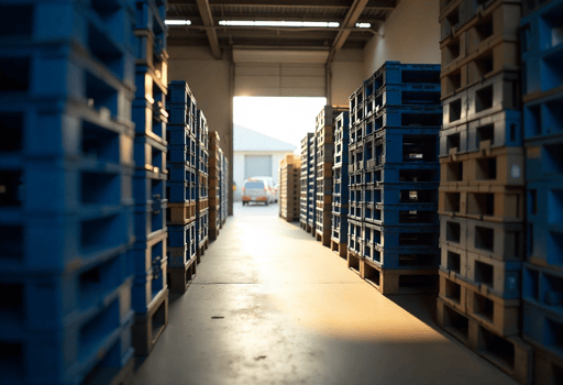 Tarimas plásticas apiladas en zona de almacenamiento