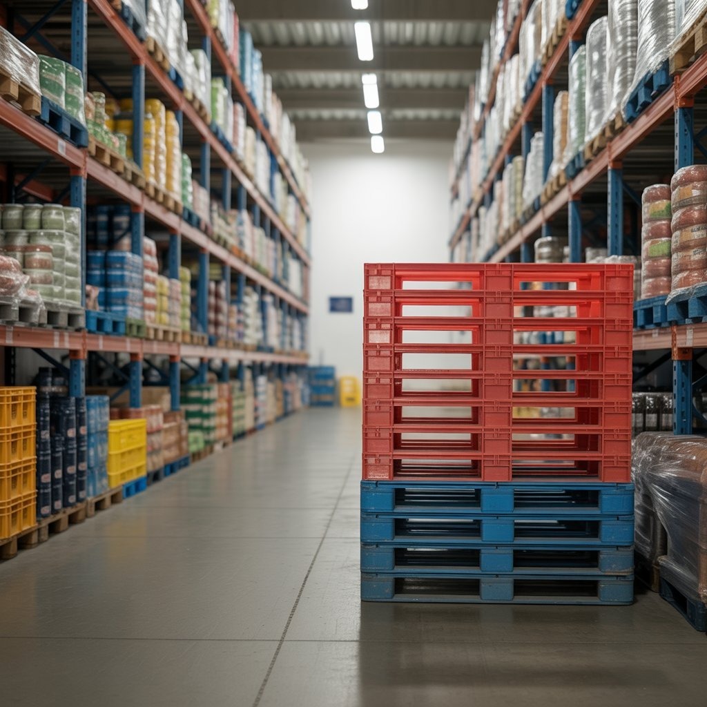 Tarimas certificadas apiladas en un almacén de productos alimentarios, listas para operaciones logísticas seguras