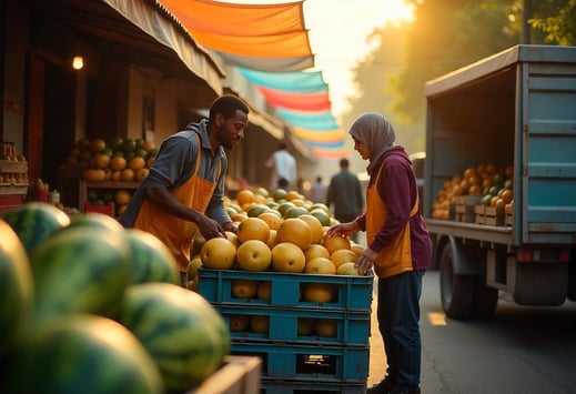 Dos trabajadores organizando melones en cajas para la estiba de carga en el mercado agrícola