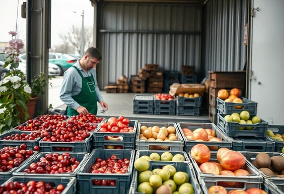Hombre organizando frutas en cajas plásticas para la estiba de carga en almacén agrícola